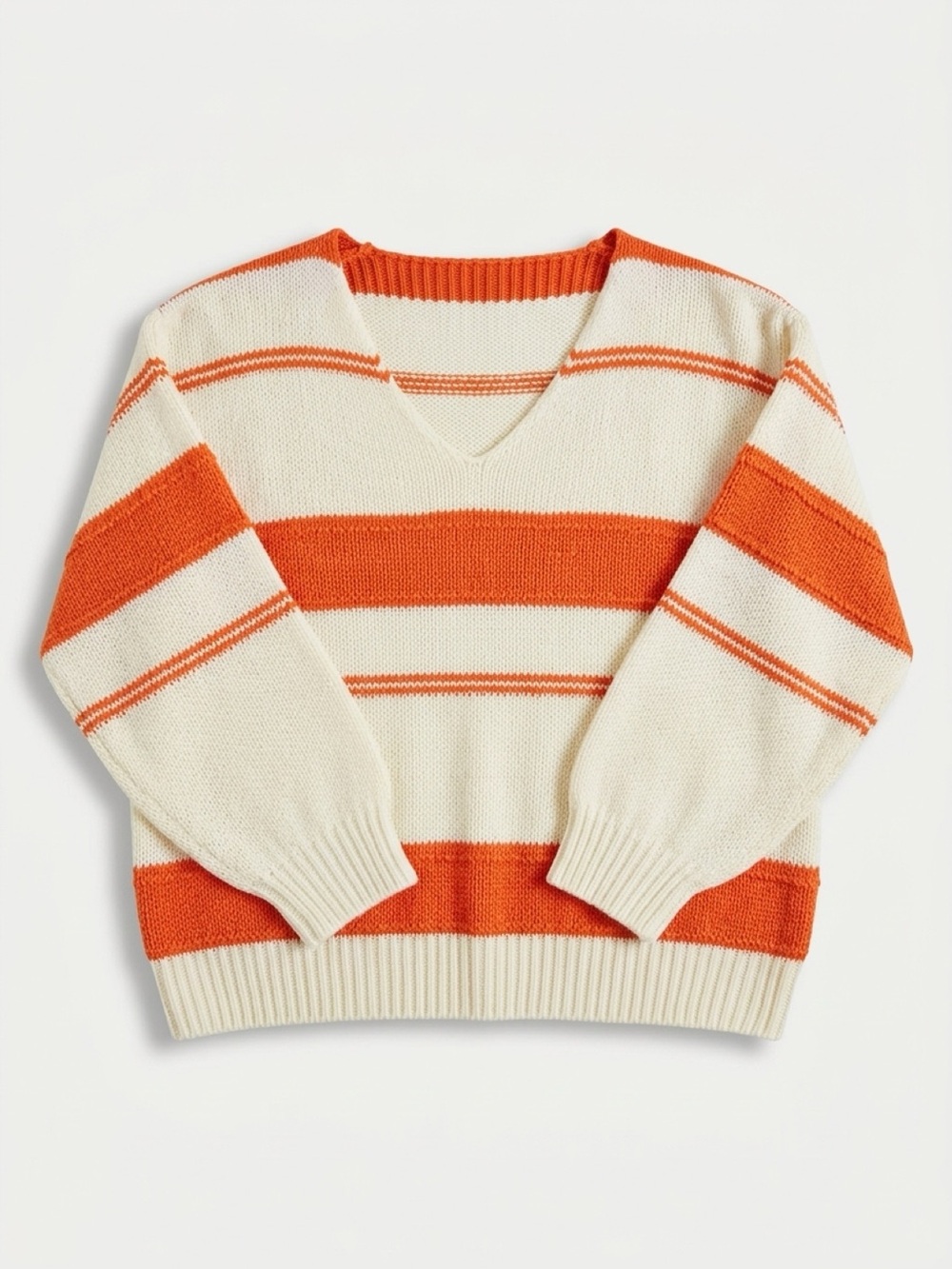 SHEIN Cream and Orange Striped V-Neck Sweater